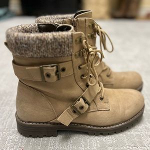 Women's Marlee Wide Lace Up Boot w/ Zipper, Strap, Tan, Suede Look, Size 10M.